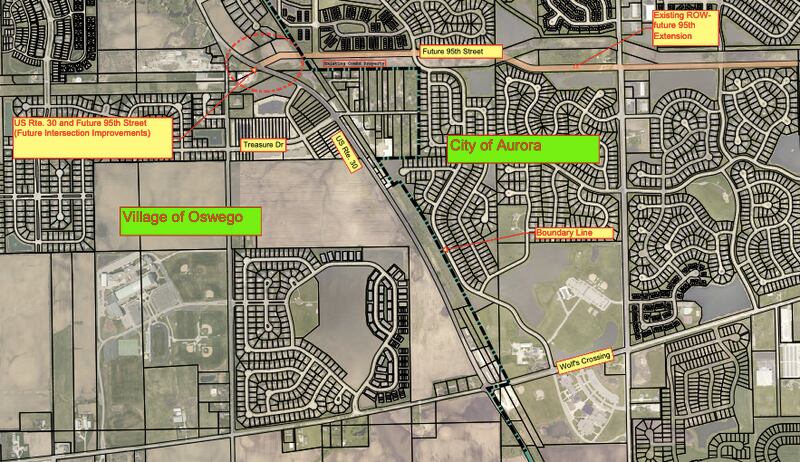 Map of the boundary agreement between the City of Aurora and the Village of Oswego for Route 30 and the future 95th Street.