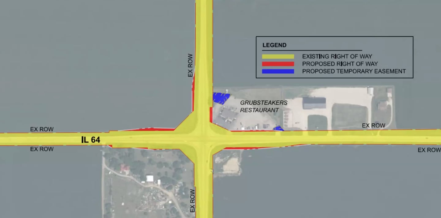 Shown is the right of way that the Illinois Department of Transportation would have to acquire for a proposed roundabout project at the intersection of Illinois Route 251 and Illinois Route 64.