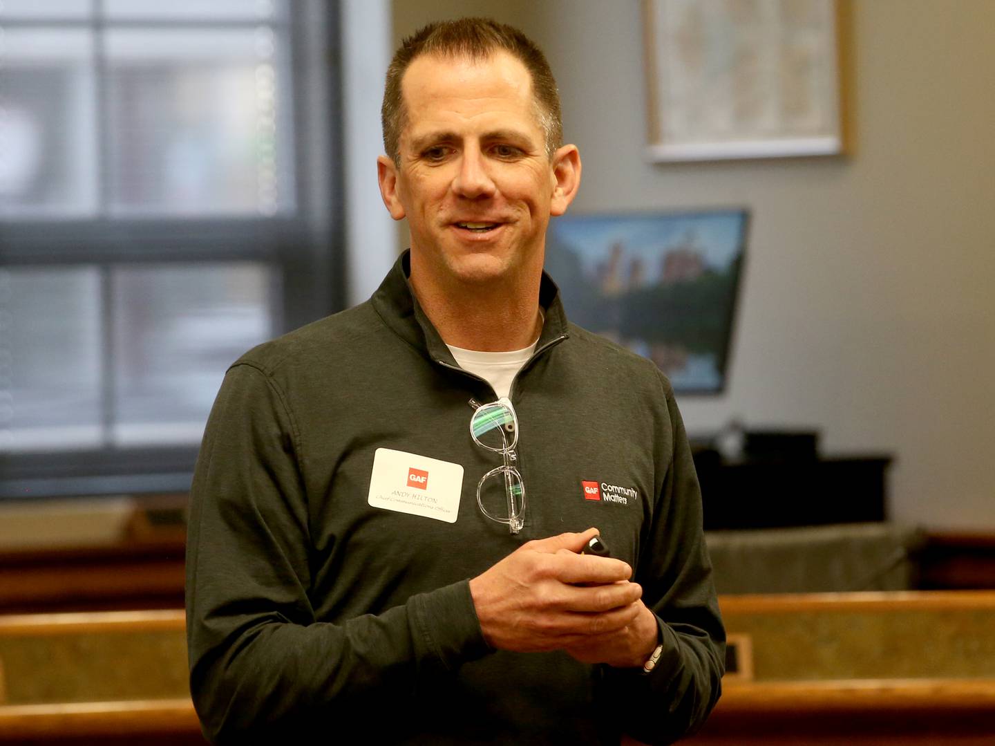 Andy Hilton, Chief Communication Officer for GAF speaks during the GAF Introduction day on Thursday, March 7, 2024 at Peru City Hall.