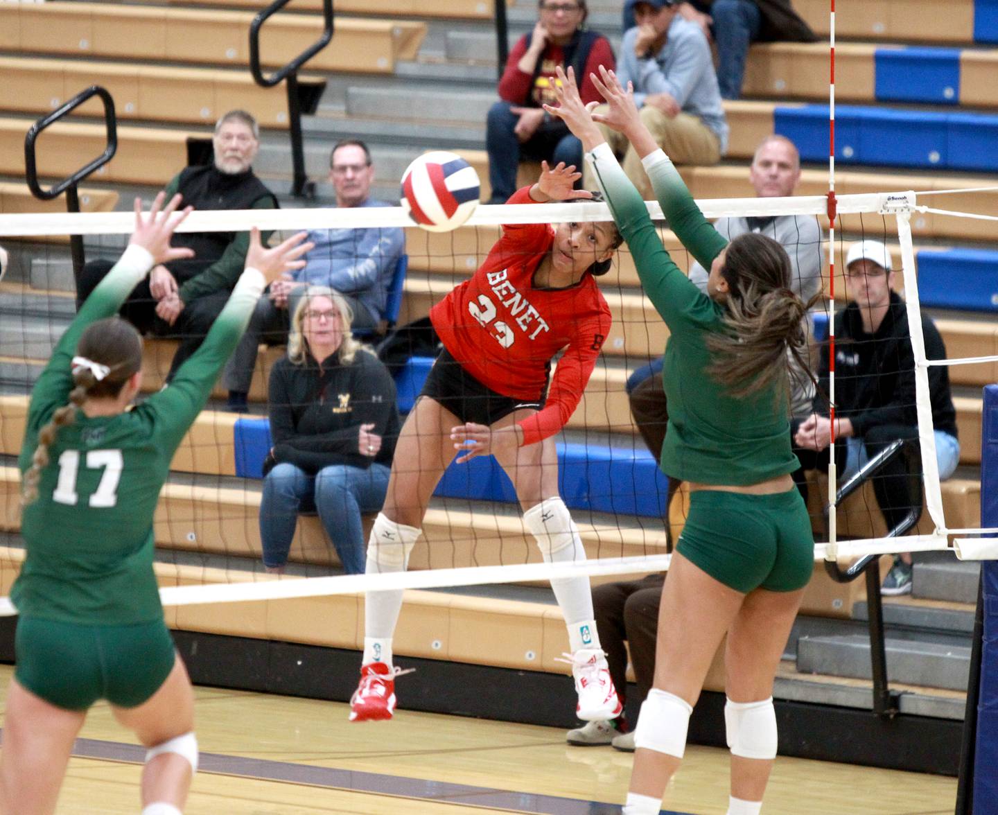 Benet’s Brooklynne Brass gets a kill during the Class 4A St. Charles North Supersectional on Monday, Nov. 11, 2024 against New Trier.