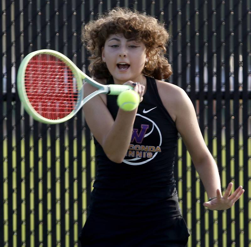 Wauconda’s Tessa Davis returns the ball  during a non-conference tennis match on Monday, Sept. 25, 2023, at Crystal Lake Central High School.
