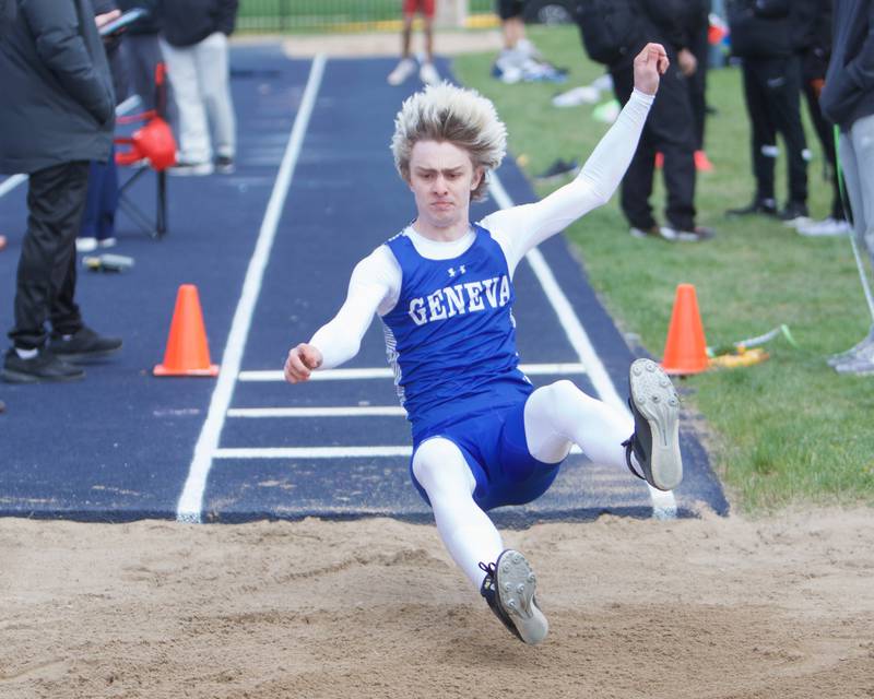 Geneva's Will Pascoli competes in the Long Jump at the Peterson Prep Invitational by Kaneland on Saturday, April 20,2024 at West Aurora High School in Aurora.