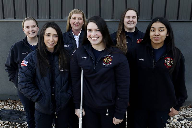 Some of the firefighting women in McHenry County on March 27, 2024.
Back Row: Montana Anderson, 27, of the Marengo and Harvard fire districts, Captain Heather Yoder, 48, of the Marengo Fire District, Ginelle Hennessey, 31, of the Wonder Lake Fire Protection District.
Front Row: Angie Bishop, 31, of the Algonquin/Lake in the Hills Fire Protection District, Crystal Saenz, 29, of the Woodstock Fire/Rescue District, and Sandra Valdez, 20, of the Hebron-Alden-Greenwood Fire Protection District.