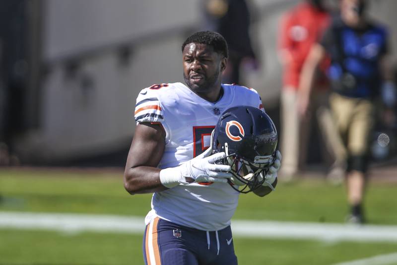 Chicago Bears linebacker Roquan Smith (58) during warm-ups before an NFL football game against the Jacksonville Jaguars, Sunday, Dec. 27, 2020, in Jacksonville, Fla. Bears won 41-17. (AP Photo/Gary McCullough)