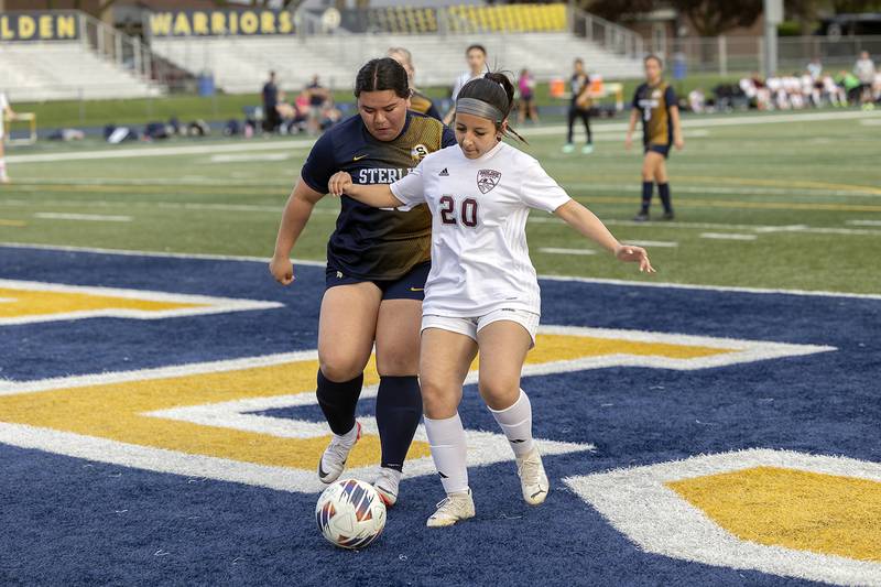 Sterling’s MIchelle Diaz and Moline’s Aaliyah Payan work for the ball Tuesday, April 30, 2024 at Sterling High School.