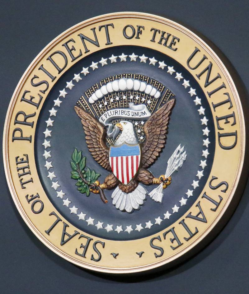 The seal of the president of the United States is affixed to the podium for President Joe Biden during his visit to Crystal Lake to promote his "Build Back Better" campaign at McHenry County College on Wednesday, July 7, 2021 in Crystal Lake.