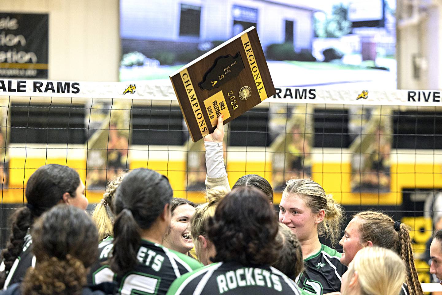 Rock Falls players celebrate their regional win over Newman Thursday, Oct. 26, 2023 in the class 2A regional finals at Riverdale.