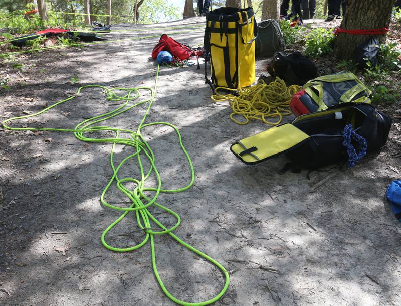 Long ropes are used during rope rescue training on Saturday, May 2, 2026 in Wildcat Canyon at Starved Rock State Park.
