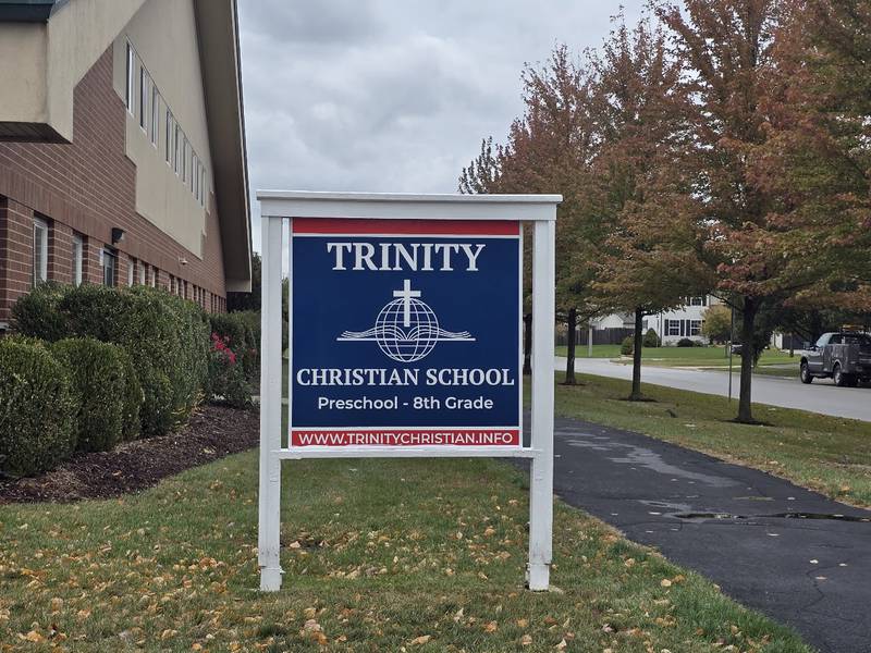 The sign for Trinity Christian School is seen Sunday, October 19, 2025, in Shorewood.
