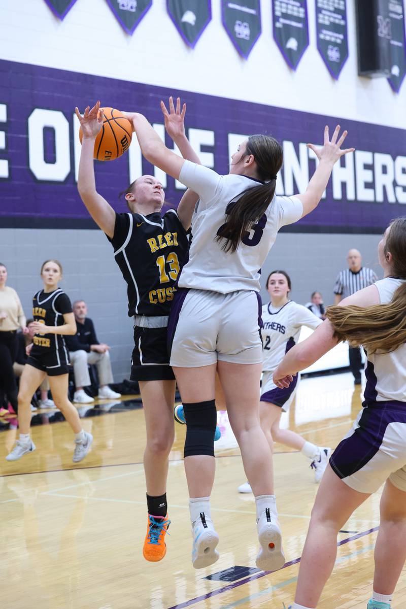 Manteno's Maddie Gesky blocks a shot by Reed-Custer's Atiana Hood during Reed-Custer's 45-42 victory over Manteno on Monday, Feb. 2, 2026. Manteno's Maddie Gesky blocks a shot by Reed-Custer's Atiana Hood during Reed-Custer's 45-42 victory over Manteno on Monday, Feb. 2, 2026.