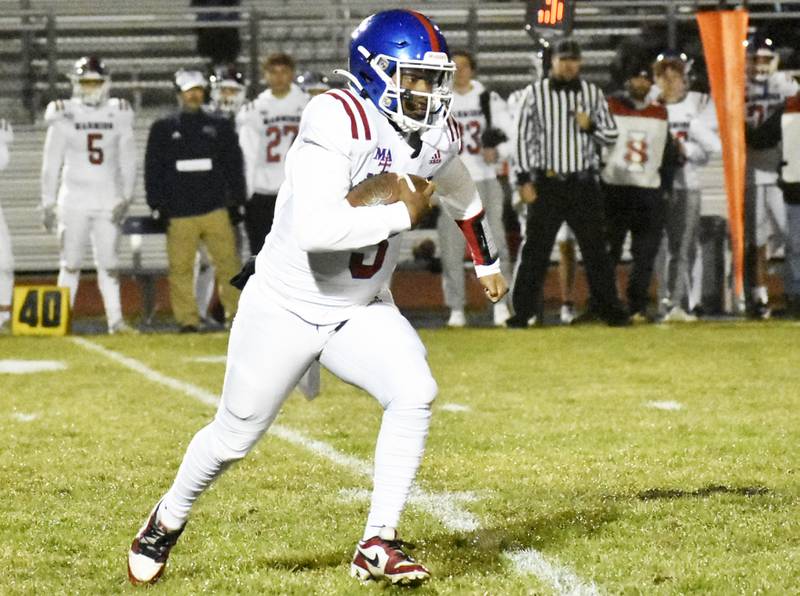 Marmion ballcarrier Kamron Tolliver advances during the Cadets' opening round playoff game Friday, Nov. 1, 2023, in Rochelle.