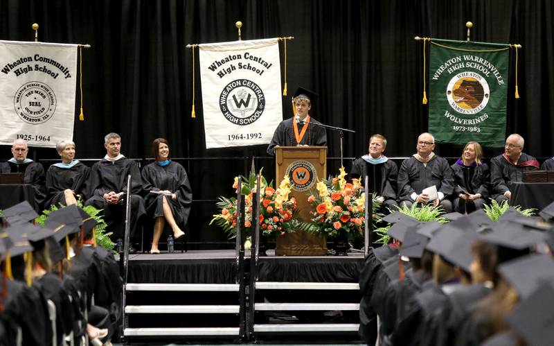 Jack Ongstad gives the senior address during the Wheaton Warrenville South commencement ceremony on Saturday, May 24, 2025 at the College of DuPage in Glen Ellyn.