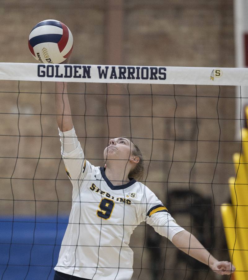 Sterling’s Megan Stutzke plays the ball against Galesburg Thursday, Oct. 16, 2025.