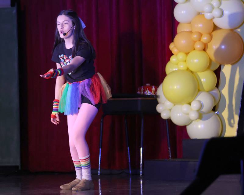 Cici Verucchi, acts out a scene while performing in "Godspell  Jr." on Friday, March 27, 2026 at the Academy of Saint Carlo Acutis school in Oglesby.