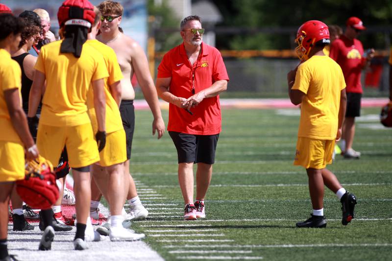 Batavia Head Coach Dennis Piron walks the sidelines during a 7 on 7 tournament on Thursday, July 10, 2025 at Batavia High School.