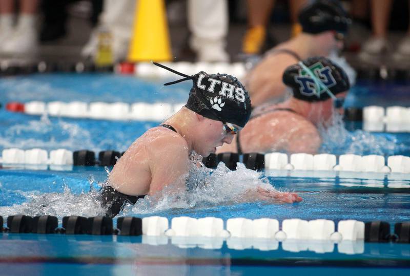 Lyons Township’s Ella Jean Kelly competes in the 100-yard breaststroke consolation heat during the IHSA Girls State Swimming and Diving Championships at the FMC Natatorium in Westmont on Saturday, Nov. 11, 2023.