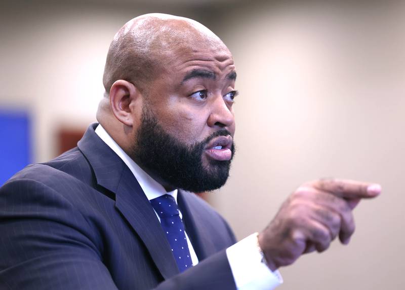 Brandon Brown, co-defense counsel for Hamza Khatatbeh delivers his opening statement Wednesday, Feb. 18, 2026, during Khatatbeh’s murder trial at the DeKalb County Courthouse in Sycamore. Khatatbeh is accused of fatally stabbing Sycamore 17-year-old Kaleb McCall in 2023.