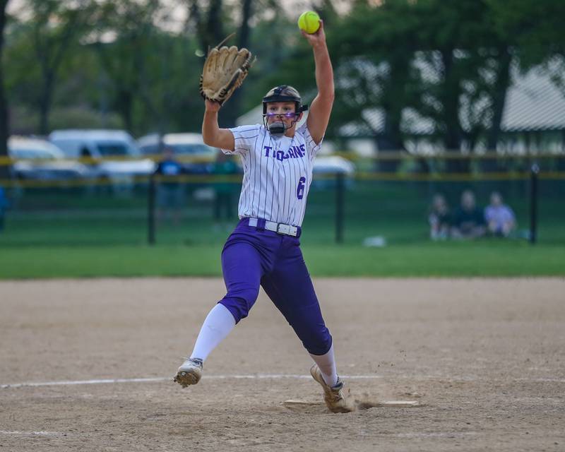 Downers Grove North's Ava Gusel (6) winds up to deliver a pitch during varsity softball game between Downers Grove South at Downers Grove North.  May 11, 2023.