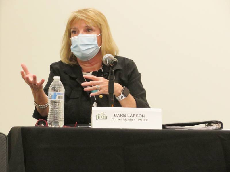 DeKalb Second Ward Alderwoman Barb Larson talks during the Monday, May 24, 2021 City Council meeting at the DeKalb Public Library.