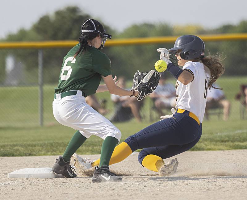 Sterling’s Mya Lira slides in safely at third against Boylan’s Autumn Higgins Tuesday, May 23, 2023 during a class 3A regional semifinal game in Belvidere.