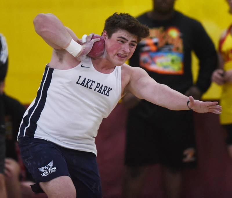 Lake Park’s Cooper Cerese competes in shot put during the DuKane boys indoor track meet at Batavia High School Saturday.