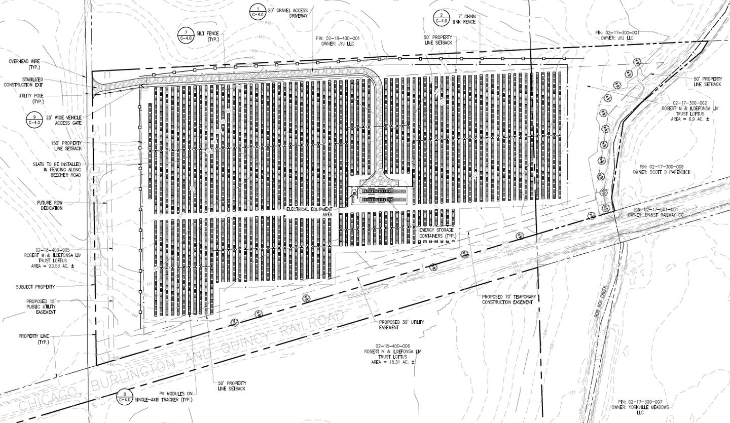 Map of New Leaf Energy's solar farm development east of Beecher Road north of the BNSF Railroad in Yorkville, approved by Yorkville City Council on Dec. 12, 2023.