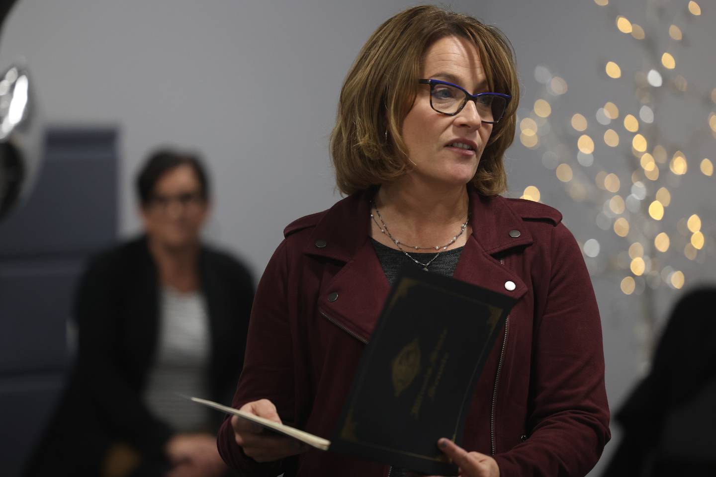 Senator Meg Cappel shares a personal story about how her family once relied on the support of the Guardian Angels Community Services at their 125th anniversary event in Downtown Joliet.