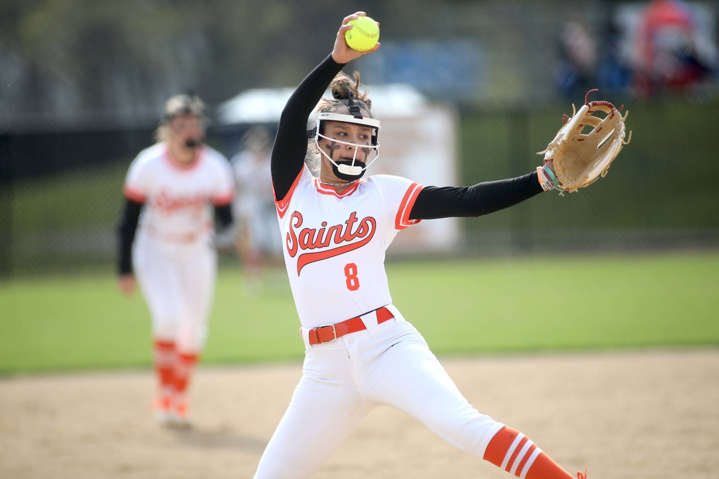 St. Charles East’s Grace Hautzinger pitches against St. Charles North during a game at North on Monday, April 24. 2023.