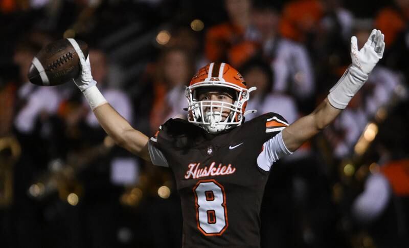 Hersey’s Luke Casey celebrates a first-quarter touchdown against Rolling Meadows during a football game on Friday, Oct. 18, 2024 in Arlington Heights.