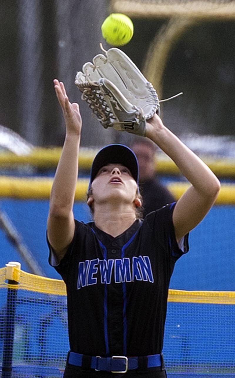 Newman’s Anna Propheter makes a catch in centerfield against Fulton Tuesday, May 19, 2026, at the Class 1A softball regionals at Newman.