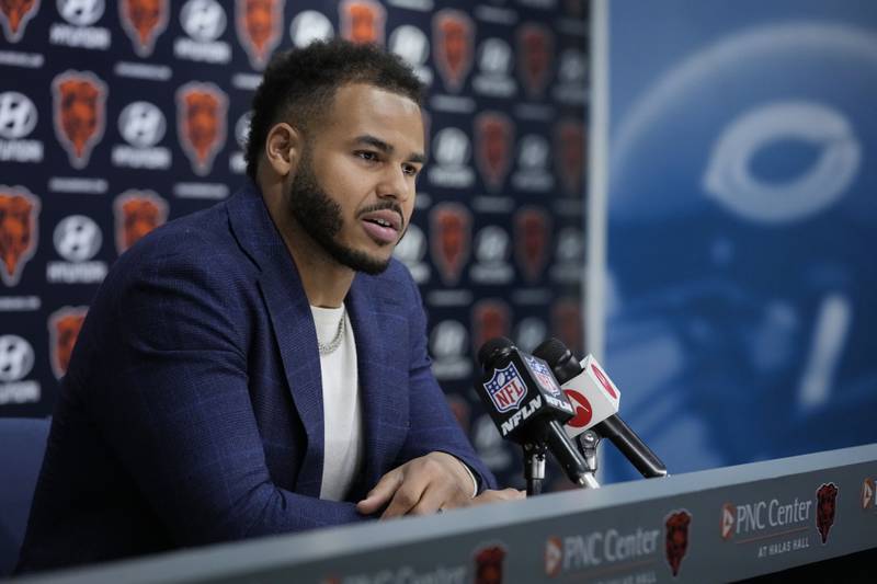 Chicago Bears linebacker T.J. Edwards speaks during a news conference, Thursday, March 16, 2023, at Halas Hall in Lake Forest.