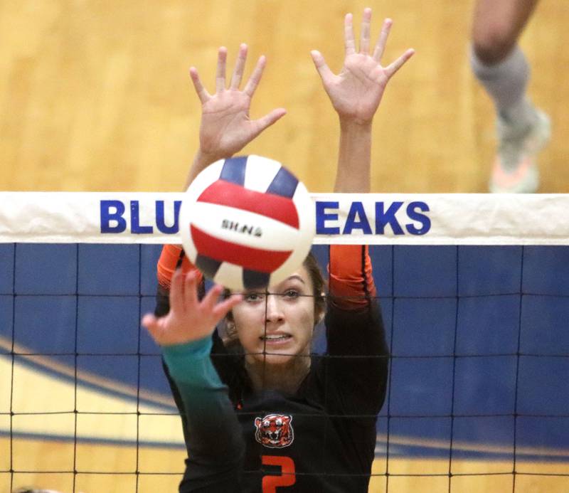 Crystal Lake Central’s Maya Case blocks against Woodstock North in IHSA girls volleyball Class 3A Regional action at Woodstock High School in Woodstock on Thursday, October 30, 2025.