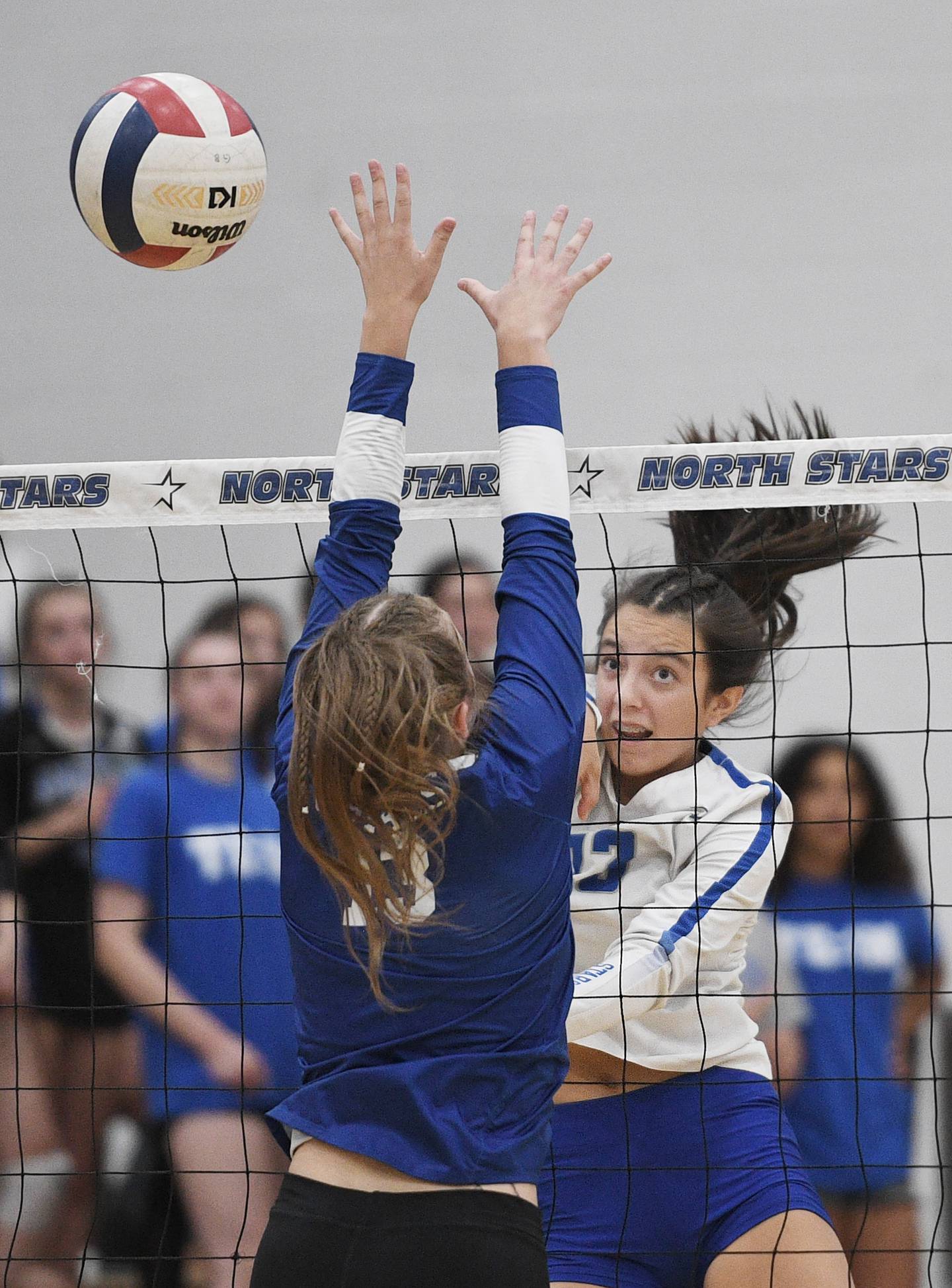 John Starks/jstarks@dailyherald.com
St. Charles North’s Haley Burgdorf gets her shot past Rosary’s Jessica Hirner in a girls volleyball game in St. Charles on Monday, August 22, 2022.
