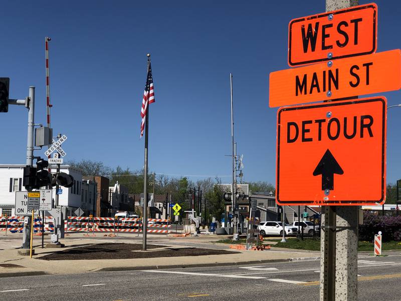 Traffic is diverted around the rail crossing at Main Street and Route 14 on April 30, 2024, because of Union Pacific Railroad maintenance work.