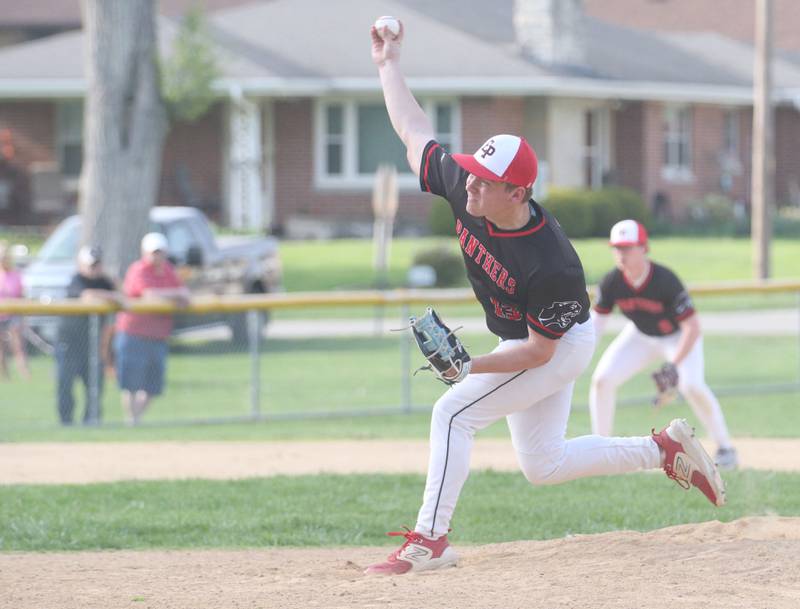 Erie-Prophetstown's Braedyn Frank fires a pitch to Hall on Monday, April 28, 2025 in Foley Field at Kirby Park in Spring Valley.