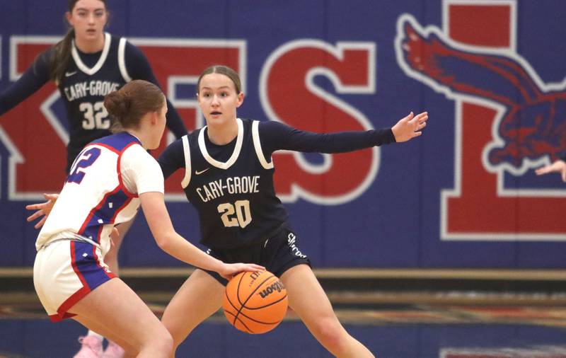 Cary-Grove’s Ava Santucci, right, guards Lakes’ Ryan Horvath in varsity girls basketball action on Friday, Jan. 2, 2026  at Lakes High School in Lake Villa.