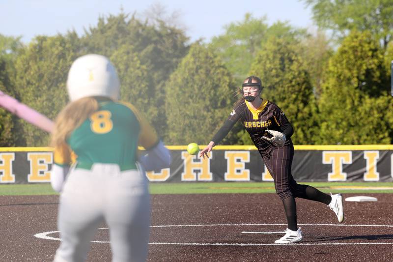 Herscher's Lilly Tucek releases a pitch as Coal City's Sydney Larson looks to bunt during Coal City's 14-10 victory over Herscher on Monday, April 20, 2026.