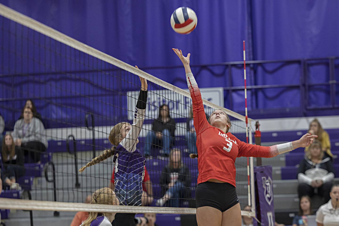 Oregon’s Lexi Ebert works the net against Dixon Tuesday, Sept. 26, 2023 at Dixon High School.Tuesday, Sept. 26, 2023.