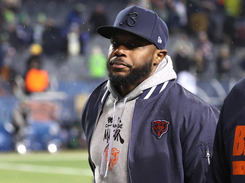Chicago Bears head coach Thomas Brown leaves the field after their 6-3 loss to the Seattle Seahawks Sunday, Dec. 26, 2024, at Soldier Field in Chicago.