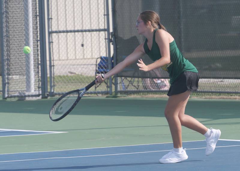 St. Bede's Lily Soliman returns a serve during the Class 1A girls tennis sectionals on Thursday, Oct. 16, 2025 at Ottawa High School.