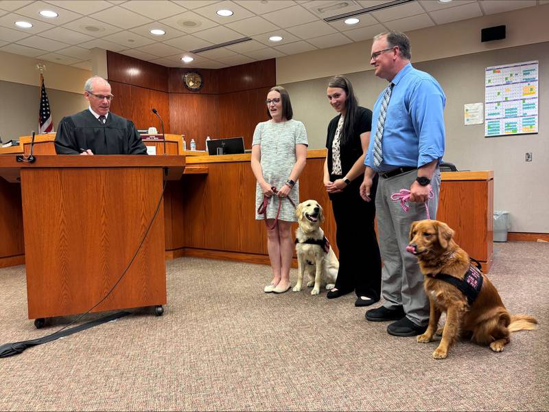 McHenry County Chief Judge Michael Feetterer, left, swears in courthouse service dogs Louie and Honey, at right, on June 24, 2025, at the courthouse in Woodstock. With them are, from left, Megan Scola, deputy director of probation and court services; Bethany Arnold, business analyst for probation and court services; and court Administrator Dan Wallis.