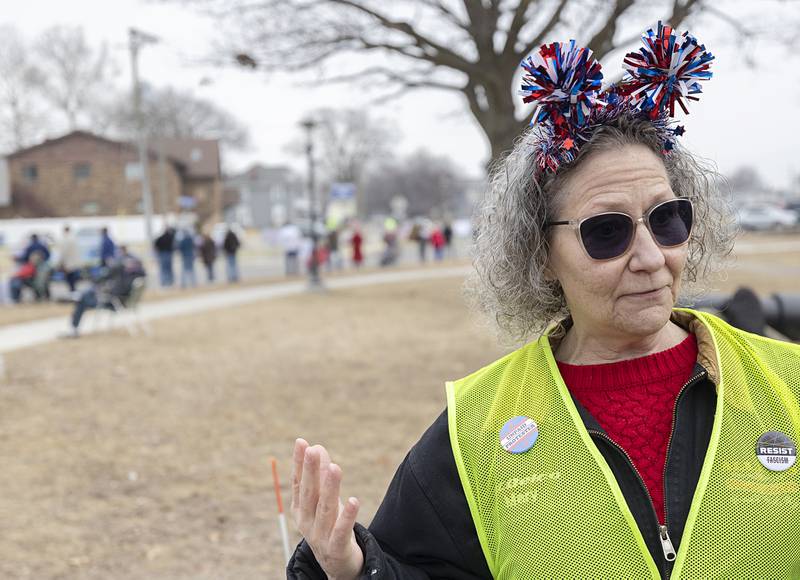 Mary McCormick, member of Indivisible Sauk Valley, speaks during an I Love America rally Saturday, Feb. 14, 2026. The group organized the rally hoping to invite in counter protesters for an active dialogue.