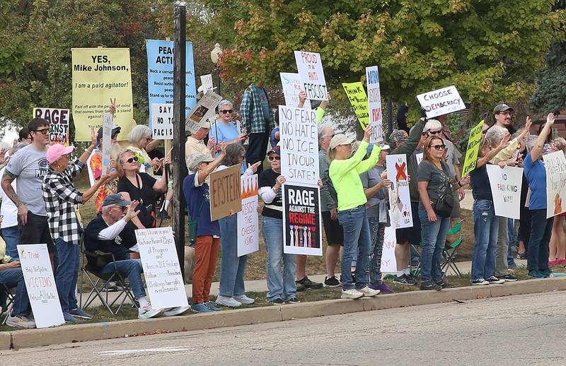 People gather at Rotary Park during the No Kings protest on Saturday, Oct. 18, 2025 in Princeton.