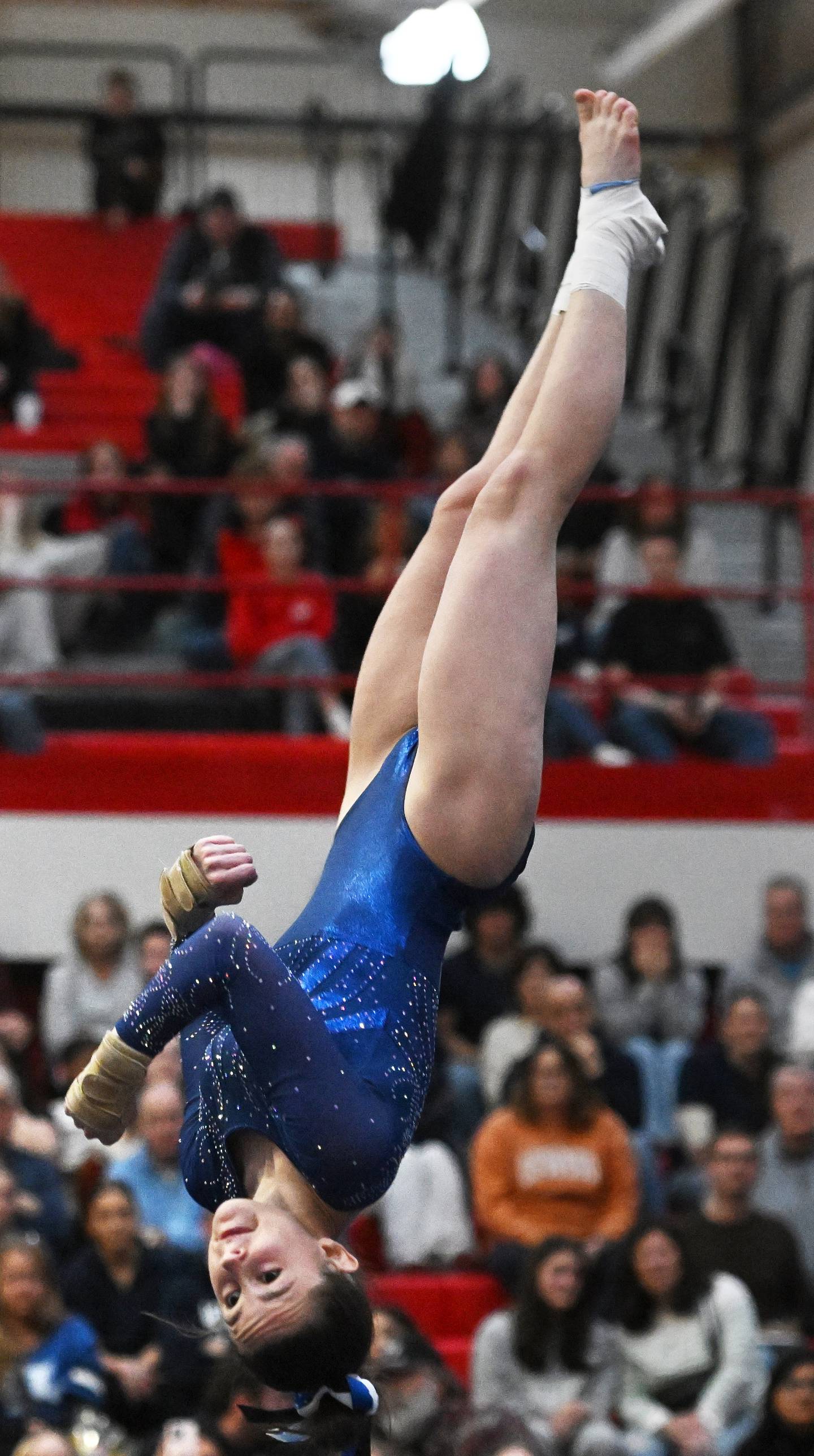 Geneva’s Reese Lackey competes on floor exercise during the girls state gymnastics meet at Palatine High School on Saturday, Feb. 22, 2025.
