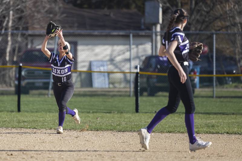 Dixon’s Bailey Tegeler hauls in a fly ball against Rock Falls Tuesday, April 9, 2024 at Reynold’s field in Dixon.