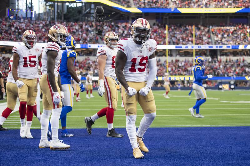 San Francisco 49ers wide receiver Deebo Samuel celebrates a touchdown against the Los Angeles Rams on Jan. 9, 2022 in Inglewood, Calif.
