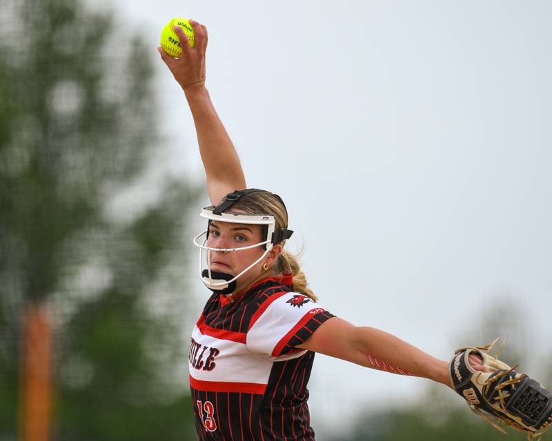Yorkville's Ellie Fox (13) pitches during the sectional semifinal game on Tuesday June 3, 2025, while taking on Oswego at Oswego High School.