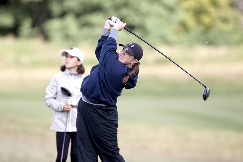 Crystal Lake Central co-op’s Delaney Medlyn tees off during the Class 2A South Elgin Regional at the Highlands of Elgin on Thursday, Sept. 29, 2022.