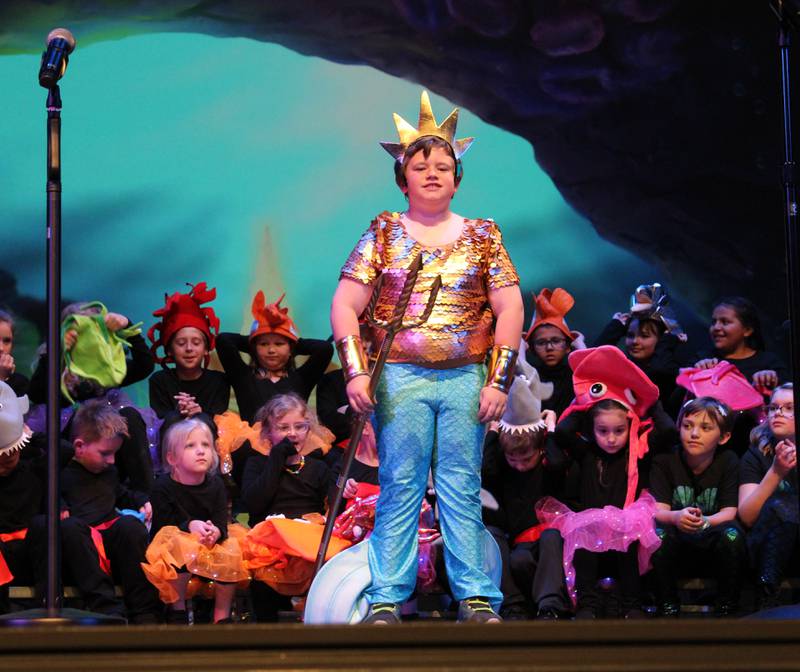 King Triton (Levi Petersen) makes a royal proclamation during the Streator Elementary Schools production of "The Little Mermaid Jr." Friday, May 5, 2023, at the Streator High School Auditorium.