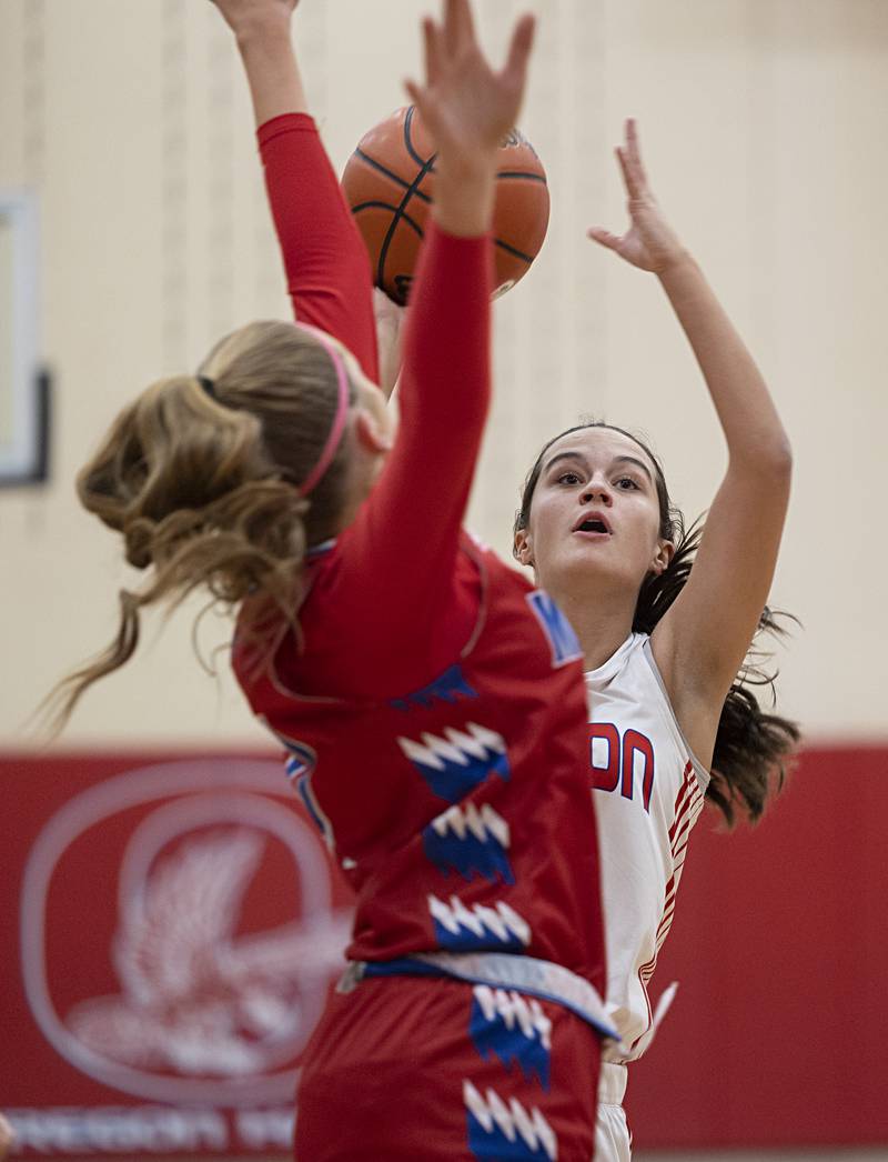Oregon’s Sarah Eckhardt puts up a shot over Morrison’s Camryn Veltrop Wednesday, Jan. 17, 2024 at Oregon High School.